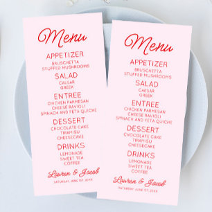 Moderne minimalistische roze en rode bruiloft menu