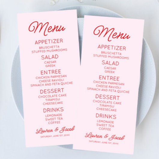 Moderne minimalistische roze en rode bruiloft menu