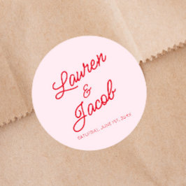 Moderne minimalistische roze en rode bruiloft ronde sticker
