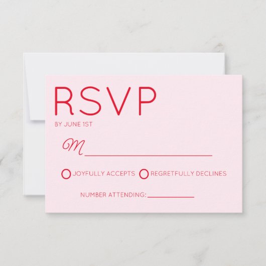 Moderne minimalistische roze en rode bruiloft RSVP kaartje (Voorkant)
