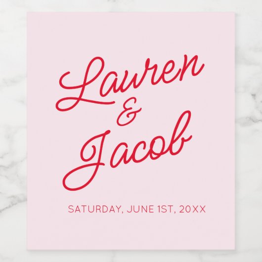 Moderne minimalistische roze en rode bruiloft wijn etiket (Enkel label)