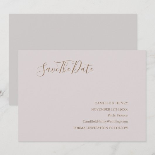 Moderne Minimalistische Roze Goud Save The Date Tr (Voorkant / Achterkant)