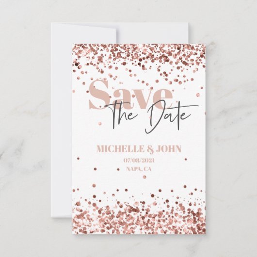 Moderne Minimalistische Roze Gouden Glitter Schrif Save The Date (Voorkant)