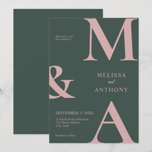 Moderne minimalistische roze groene bruiloft kaart (Voorkant / Achterkant)