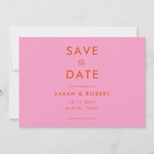 Moderne Minimalistische Roze Oranje Bruiloft Save The Date (Voorkant)