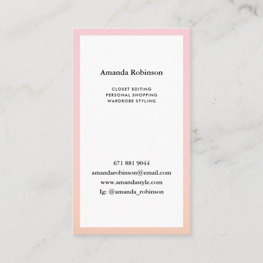 Moderne minimalistische roze oranje gradiënt schat visitekaartje (Achterkant)