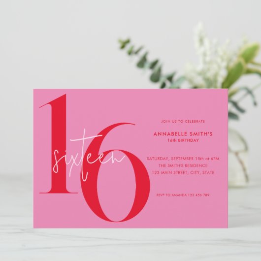 Moderne minimalistische roze rode 16e verjaardag kaart (Staand voorkant)