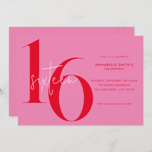 Moderne minimalistische roze rode 16e verjaardag kaart (Voorkant / Achterkant)