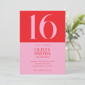 Moderne minimalistische roze rode 16e verjaardag kaart (Staand voorkant)