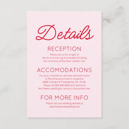 Moderne minimalistische roze rode bruiloft details informatiekaartje (Voorkant)