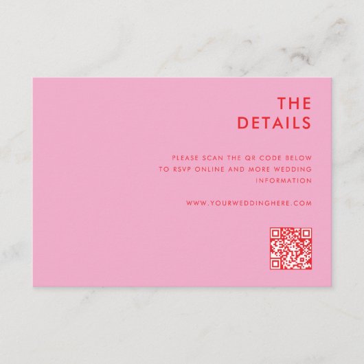 Moderne minimalistische roze rode bruiloft informatiekaartje (Voorkant)