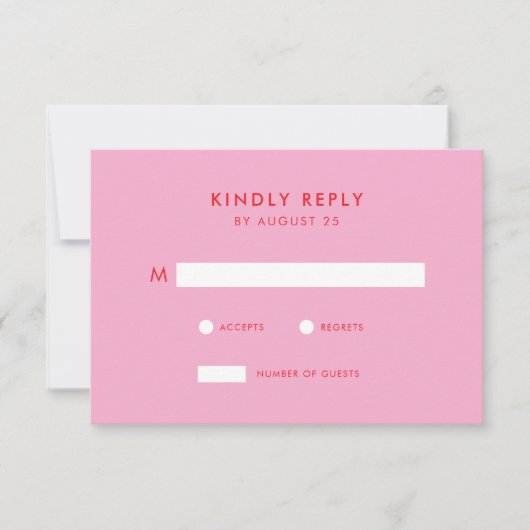 Moderne minimalistische roze rode bruiloft RSVP kaartje (Voorkant)