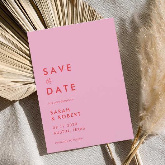 Moderne minimalistische roze rode bruiloft save the date