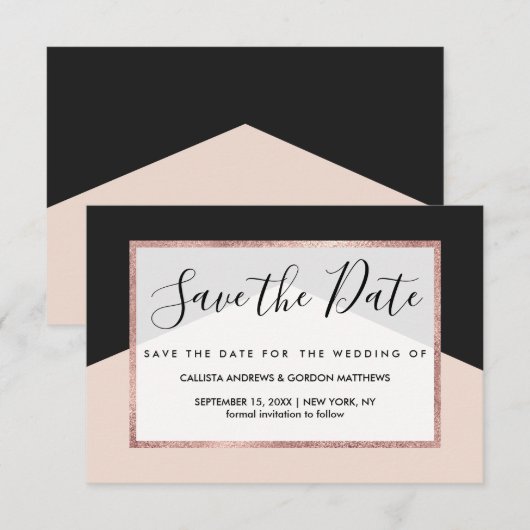 Moderne minimalistische roze zwarte driehoek geome save the date (Voorkant / Achterkant)