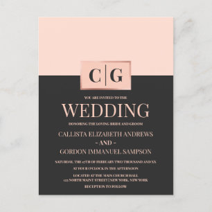 Moderne minimalistische roze zwarte kleur blok bru uitnodiging briefkaart