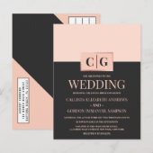 Moderne minimalistische roze zwarte kleur blok bru uitnodiging briefkaart (Voorkant / Achterkant)