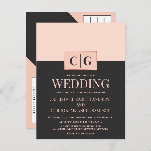 Moderne minimalistische roze zwarte kleur blok bru uitnodiging briefkaart (Voorkant / Achterkant)