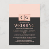 Moderne minimalistische roze zwarte kleur blok bru uitnodiging briefkaart (Voorkant)