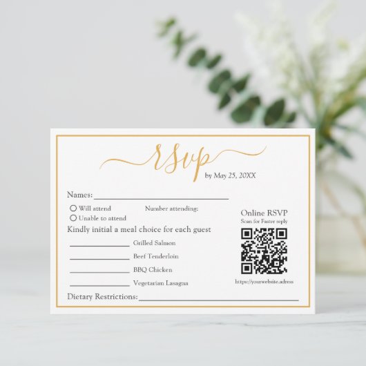 Moderne minimalistische RSVP gouden rand en QR-cod (Staand voorkant)