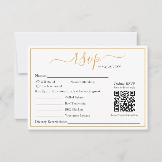 Moderne Minimalistische RSVP Gouden Rand en QR Cod Kaartje (Voorkant)