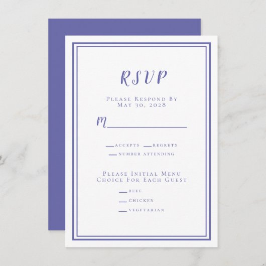 Moderne minimalistische RSVP-menu Periwinkle (Voorkant / Achterkant)