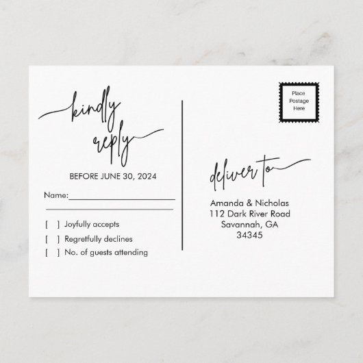 Moderne minimalistische RSVP met zwarte en witte b Briefkaart (Achterkant)