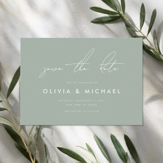 Moderne Minimalistische Sage Groene Bruiloft Save  The Date