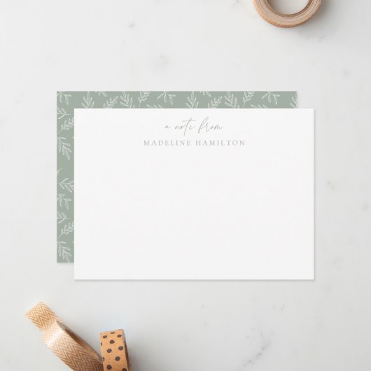 Moderne minimalistische salie botanisch gepersonal notitiekaartje (Voorkant / Achterkant in situ)
