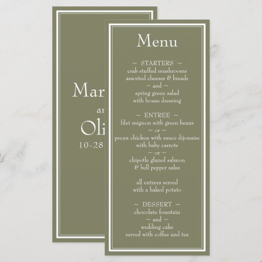 Moderne minimalistische salie groene bruiloft menu (Voorkant / Achterkant)