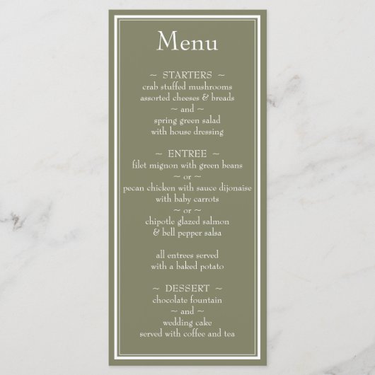 Moderne minimalistische salie groene bruiloft menu (Voorkant)