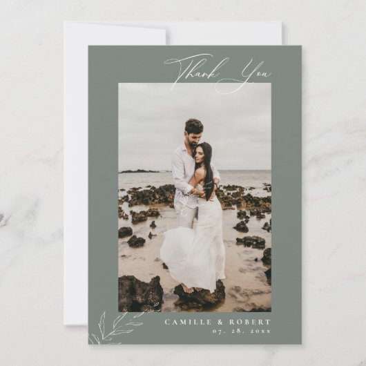 Moderne minimalistische salie kalligrafie foto bru bedankkaart (Voorkant)