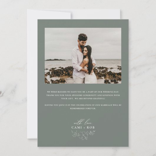 Moderne minimalistische salie kalligrafie foto bru bedankkaart (Achterkant)