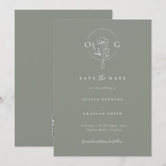 Moderne Minimalistische Saliegroen Trouw Monogram  Save The Date (Voorkant / Achterkant)
