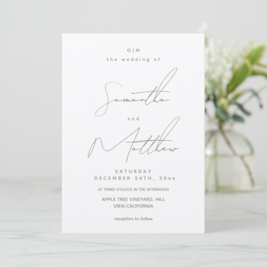 Moderne Minimalistische Saliegroene Script Bruilof Kaart (Staand voorkant)