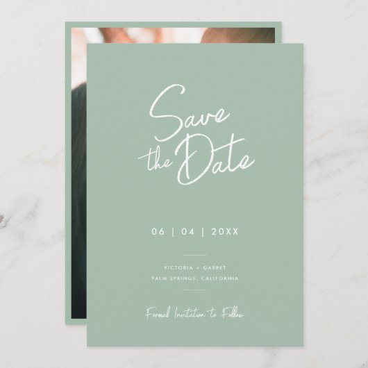 Moderne Minimalistische Saliegroene Script Foto Br Save The Date (Voorkant / Achterkant)