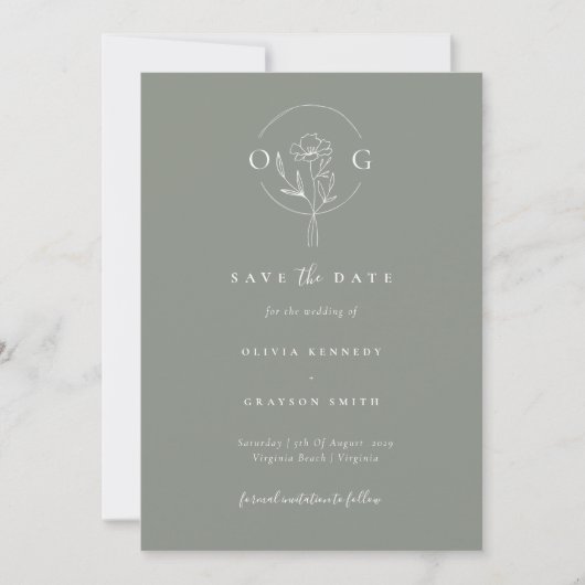 Moderne Minimalistische Saliegroene Trouw Monogram Save The Date (Voorkant)