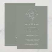 Moderne Minimalistische Saliegroene Trouw Monogram Save The Date (Voorkant / Achterkant)