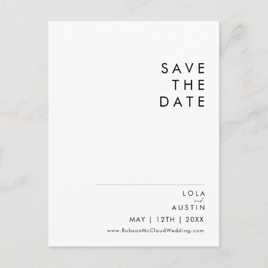 Moderne Minimalistische Save The Date Postkaart Uitnodiging Briefkaart (Voorkant)