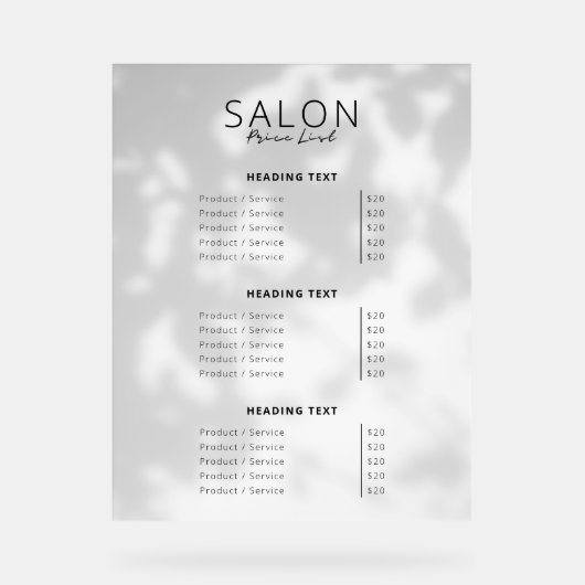 Moderne minimalistische schoonheidssalon prijslijs acryl bord (Voorkant)