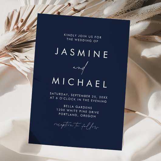 Moderne Minimalistische Schrift Navy Bruiloft Kaart