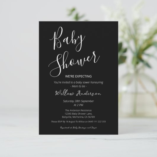 Moderne Minimalistische Script Baby Shower Kaart (Staand voorkant)