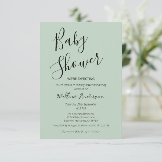 Moderne Minimalistische Script Baby Shower Uitnodi Kaart (Staand voorkant)