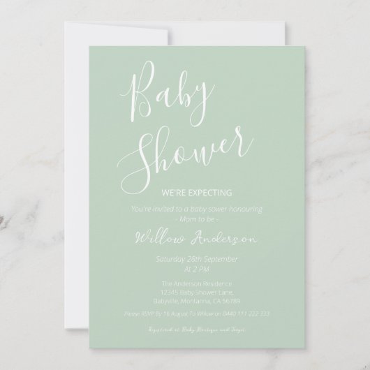 Moderne Minimalistische Script Baby Shower Uitnodi Kaart (Voorkant)