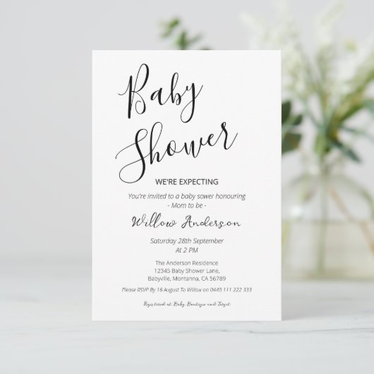 Moderne Minimalistische Script Baby Shower Uitnodi Kaart (Staand voorkant)