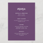 Moderne, minimalistische Script-behuizing | Wedden Menu<br><div class="desc">Deze elegante,  minimalistische trouwmenukaart is uitgerust met moderne scripttypografie en schone,  sans serif tekst voor een eenvoudig en stijlvol chassis paars en wit ontwerp waar u van houdt.</div>