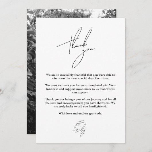 Moderne minimalistische script bruiloft bedankkaar kaart (Voorkant / Achterkant)
