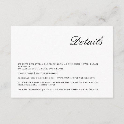 Moderne minimalistische script bruiloft detail Kaa Informatiekaartje (Voorkant)