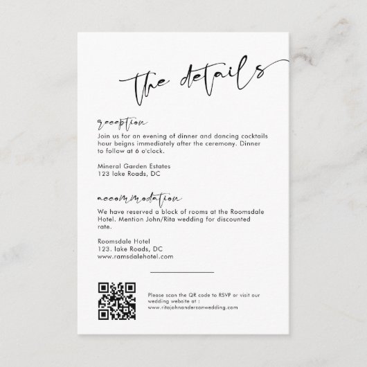 Moderne minimalistische script bruiloft details informatiekaartje (Voorkant)