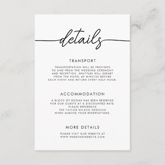 Moderne minimalistische script bruiloft details informatiekaartje (Voorkant)