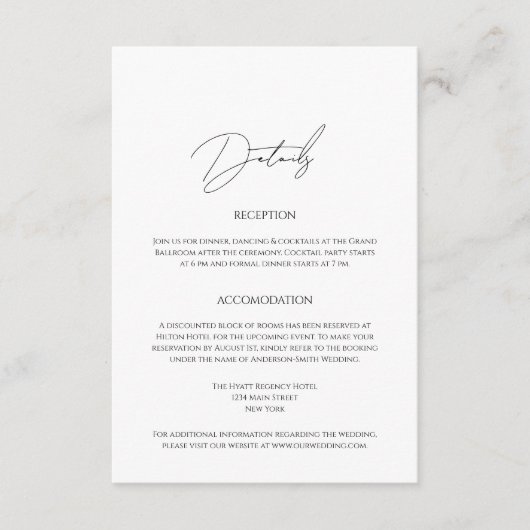 Moderne minimalistische script bruiloft details informatiekaartje (Voorkant)